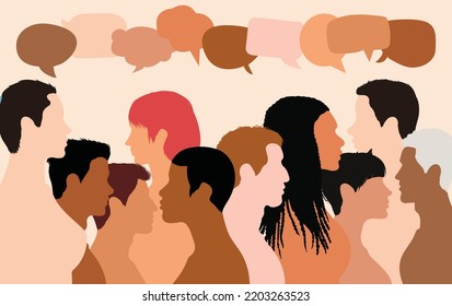 Diverse multicultural people interacting with a crowd of vector cartoon heads. Communication concept with speech bubbles. Communication concept with speech bubbles.