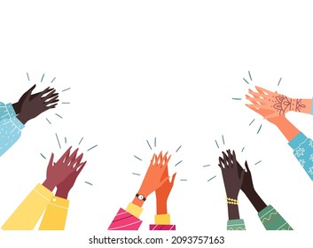 Diverse and multicultural peoples hands applauding and cheering, cartoon vector illustration on white background. Crowd raises arms for ovation.