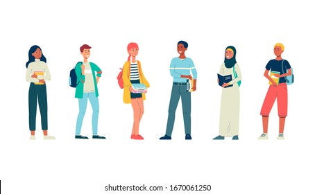 Diverse multicultural young people characters - university or college students, flat vector illustration isolated on white background. Education and ethnic equality.