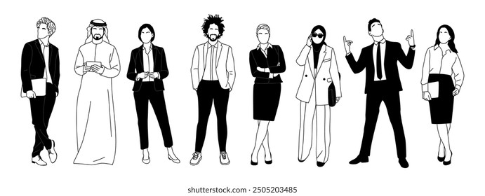 Verschiedene multiethnische Mitglieder des Business-Teams stehen. Männer, Frauen Charaktere in formalen Büro Outfit. Moderne, einfache Vektorskizze mit schwarz-weißer Skizze, einzeln auf weißem Hintergrund.