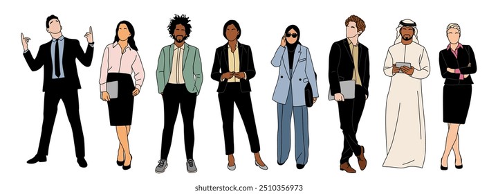 Vários membros da equipe de negócios multiétnicos em pé. Homens, mulheres personagens em trajes de escritório formais. Vetor moderno esboço colorido esboço ilustração isolada no fundo branco.