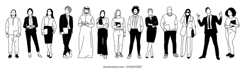 Vários membros da equipe de negócios multiétnicos em pé. Homens, mulheres personagens em trajes de escritório formais. Vetor moderno simples contorno preto e branco esboço ilustração isolado no fundo branco.