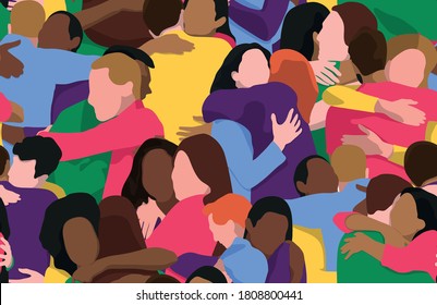 Diverse multiethnic group of people hugging each other in the crowd. Support and unity, social diversity and health benefits of a hug concepts. Vector seamless pattern. 