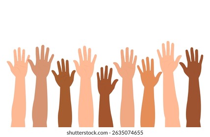 Diverse, Multi-Ethnic Human Hands Raised Up Isolated on White Background. Vector Illustration