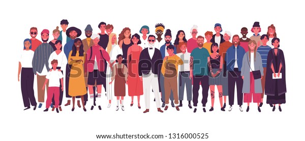 Diverse multiethnic or multinational group\
of people isolated on white background. Elderly and young men,\
women and kids standing together. Society or population. Flat\
cartoon vector\
illustration.
