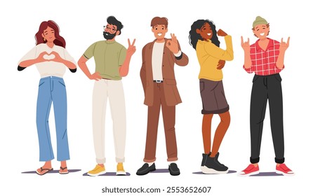 Diverse multiethnic people character showing different positive gesture with hands standing in row. Fashion guys feeling delightful joyful gesturing love, support, ok and v-sign vector illustration