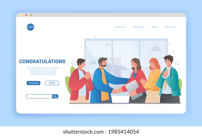 Diverse multiethnic people congratulate female colleague. Successful teamwork, career development, successful project concept. Male, female employees shaking hands. Flat cartoon vector illustration