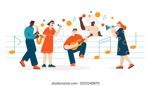 Diverse multiethnic people sit on sheet music sing and play different musical instruments. Flat colored cartoon vector illustration with characters isolated on white background. Abstract metaphor