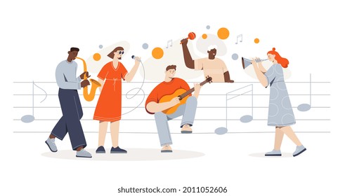 Diverse multiethnic people sit on sheet music sing and play different musical instruments. Flat colored cartoon vector illustration with characters isolated on white background. Abstract metaphor