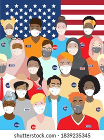 Diverse multiethnic people wearing medical face masks, USA Voted badges, flag. American citizens after voting at US Presidential election 2020 during coronavirus covid-19 pandemic, Vector illustration