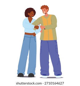 Verschiedene multiethnische Studenten Cartoon Figuren Bumping Fäuste teilen Freundschaft und Zusammenarbeit Geste Vektorgrafik. Peer-Unterstützung, Einheit und interkulturelle Beziehungen im Bildungsbereich