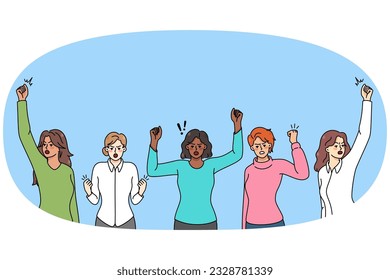 Diverse multiethnic women on demonstration against gender discrimination. Determined multiracial females strike for equal rights. Flat vector illustration.