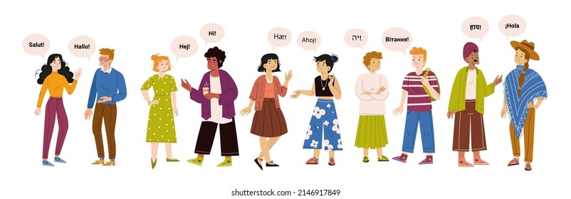 Diverse multilingual people group say hello on different foreign languages. Multinational happy young male and female characters greetings, friendly gestures, Line art flat vector illustration