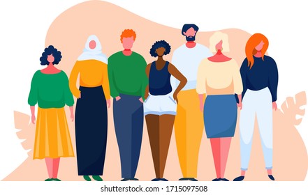 Diverse multinational group of people. Multicultural and multiethnic crowd. Vector illustration with cartoon characters. Man and woman of different nations stay together as a team.