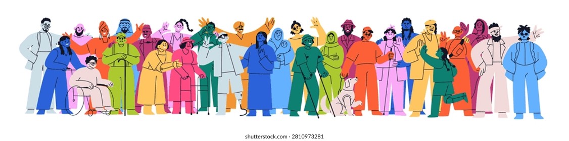 Diverse multinational people crowd. Inclusive multicultural society, different men, women, kids group. Community, diversity and inclusion. Flat vector illustration isolated on white background.