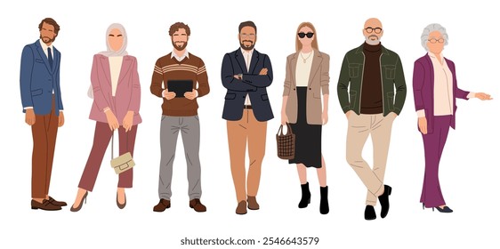 Diversos homens e mulheres de negócios multinacionais em pé em roupas casuais inteligentes, formais. ilustração vetorial Isolado no fundo branco.