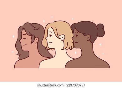 Diverse multiracial beautiful women with bare shoulders look one way and smile. Faces of multiethnic girls for concept of feminism or struggle for women freedom. Flat vector illustration