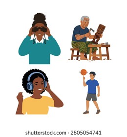A diverse multiracial collection of people enjoying creative and active hobbies including birdwatching, woodcarving, music, and basketball vector set.