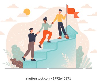 Diverse multiracial employees give support and help each other. Business team working together. Success and growth. Teamwork, corporate relations, cooperation concept. Flat cartoon vector illustration