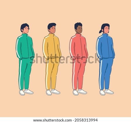 Diverse multiracial group of men wearing sport jackets. Set of green, yellow, red and blue tracksuits. Flat cartoon vector illustration.