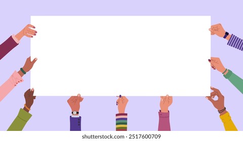 Diverse multiracial hands holding long blank banner. Hand drawn vector illustration isolated on purple background. Modern flat cartoon style.