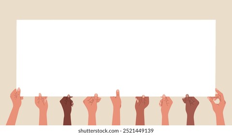 Diverse multiracial hands holding long blank banner. Hand drawn vector illustration isolated on light background. Flat cartoon style.