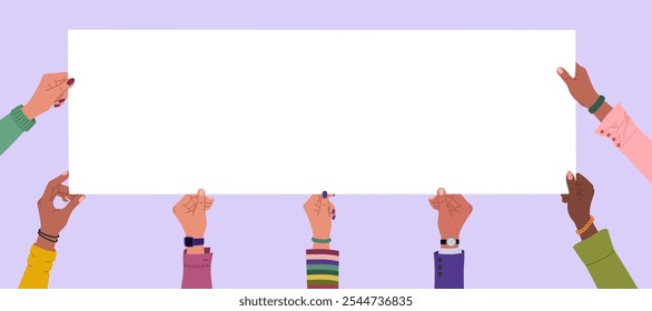 Diverse multiracial hands holding long blank banner. Hand drawn vector illustration isolated on purple background. Flat cartoon style.