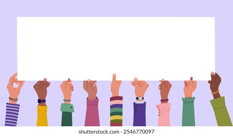 Diverse multiracial hands holding long blank banner. Hand drawn vector illustration isolated on purple background. Modern flat cartoon style.