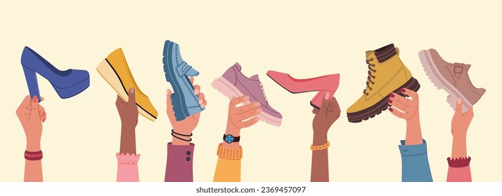 Diverse multiracial hands holding modern shoes different models and colors. Hand drawn vector illustration isolated on brown background. Flat cartoon style.