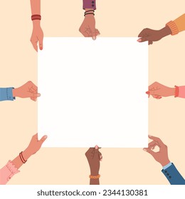 Diverse multiracial hands holding square blank banner. Hand drawn vector illustration isolated on light background. Modern flat cartoon style.