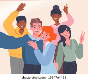 Diverse multiracial happy young men, women posing taking selfie group photo. Party concept. Young joyful friends celebrating together. Flat cartoon vector illustration