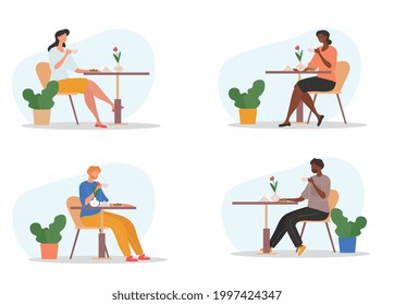 Diverse multiracial male and female characters relaxing in a cafe. Multiethnic men and women drinking hot beverages coffee or tea. Set of flat cartoon vector illustrations isolated on white background