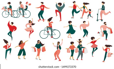 Diverse Multiracial Man And Woman Characters In Festive Clothes Dancing, Riding Bicycle, Shopping Spare Time, Happy Family Lifestyle Isolated On White Background Set Cartoon Flat Vector Illustration