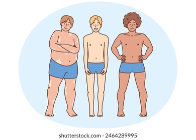 Diversos hombres multirraciales en ropa interior tienen diferentes figuras corporales. Chicos interraciales multiétnicos sonrientes muestran cuerpo positivo. Ilustración vectorial.