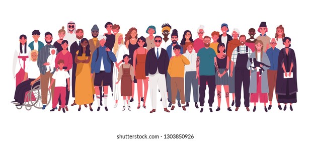 Diverse multiracial   multicultural group people isolated white background  Happy old   young men  women   children standing together  Social diversity  Flat cartoon vector illustration 