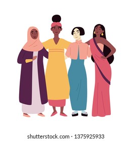 Diverse multiracial and multicultural group of people. Social diversity, friendship. African, asian, muslim, indian women.