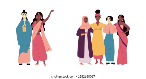 Diverse multiracial and multicultural group of people. Social diversity, friendship. African, asian, muslim, indian women.