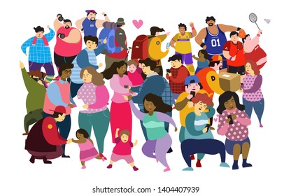 Diverse multiracial and multicultural group of people isolated on white background. Happy old and young men, women and children standing together. Social diversity. Flat cartoon vector illustration.	
