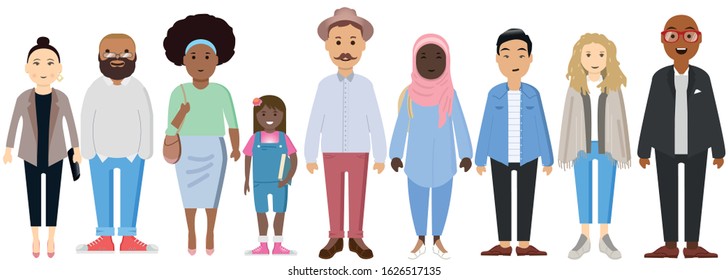 A diverse multiracial and multicultural group of people on a white background. Happy middleaged man and woman. Vector illustration. 