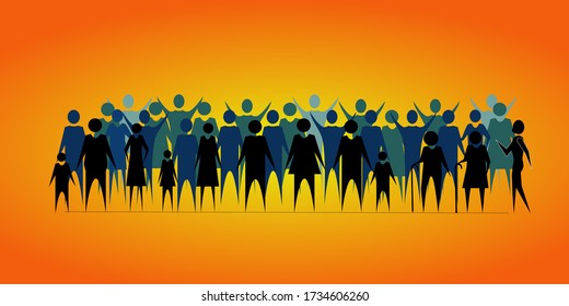 Diverse multiracial and multicultural group of people isolated on orange background.men, women and children standing together. Social diversity. Flat cartoon vector illustration