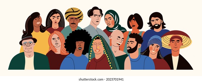 Diversos grupos multirraciales y multiculturales de personas. Las diferentes edades y nacionalidades de los adultos permanecen juntos. Comunidad de tolerancia, empresa étnica. Concepto de diversidad. Ilustración de dibujos animados de vector plano