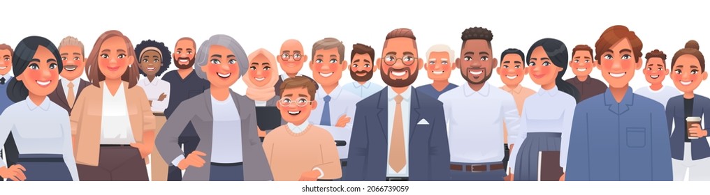 Diverse multiracial and multicultural group of people. Men and women of different ages and races. A crowd of happy smiling people. Vector illustration in cartoon style