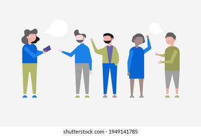 Verschiedene multiethnische und multikulturelle Gruppen von Menschen. Unterhaltung zwischen ihnen. Fröhliche Männer, Frauen, alte und junge Menschen zusammen. Soziale Vielfalt. Flache Vektorgrafik. Vektordesign. Einziger Hintergrund.