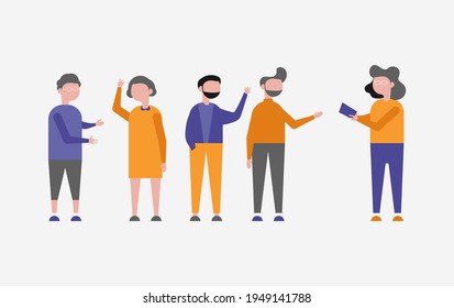 Diverse multiracial and multicultural groups of people. Talking between them. Happy men, women, old and young together. Social diversity. Flat vector drawing. Vector design. Isolated background.
