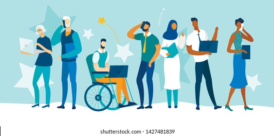 Diverse Multiracial and Multicultural People of Different Ages and Gender, Healthy and Disabled Characters Stand in Raw with Gadgets. Young and Old Business People. Cartoon Flat Vector Illustration