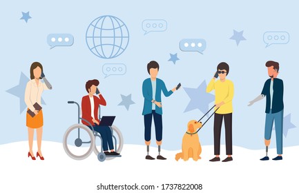 Diverse Multiracial and Multicultural People of Different Ages and Gender, Healthy and Disabled Characters Stand in Raw with Gadgets. Disabled Business People. Cartoon Flat Vector Illustration.