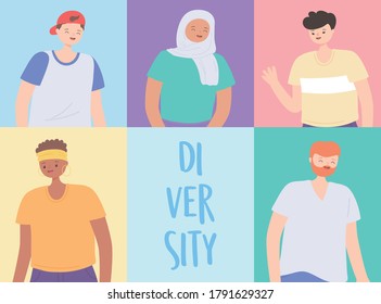 vielfältige multiethnische und multikulturelle Menschen, globale Menschen verschiedener Kulturen, Vektorgrafik