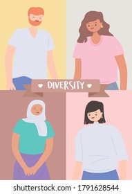 diverse multiracial and multicultural people, portrait man and women character vector illustration