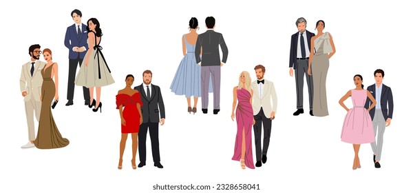 Diverse of multiracial and multinational couples wearing evening formal outfits for celebration, wedding, event, party. Happy men and women in gorgeous clothes vector realistic illustration isolated
