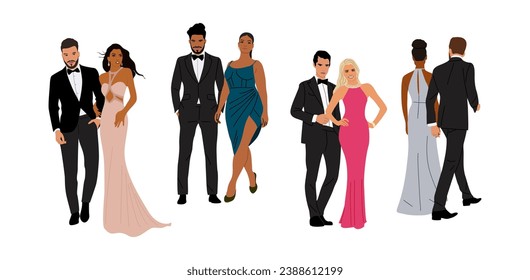 Diverse of multiracial and multinational couples wearing evening formal or black tie outfits for celebration, wedding, Christmas Eve or New Year party. Happy men and women in gorgeous luxury clothes.